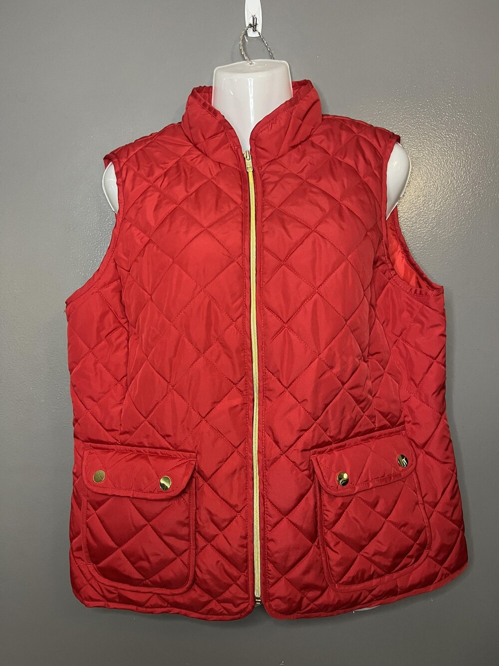 St Johns Bay Vest Womens Large Red Quilted Puffer Lightweight Zip Front Pockets